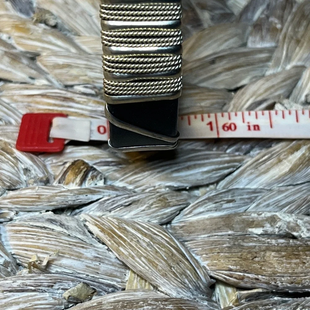 Silver Tone and Black Leather Bracelet‎